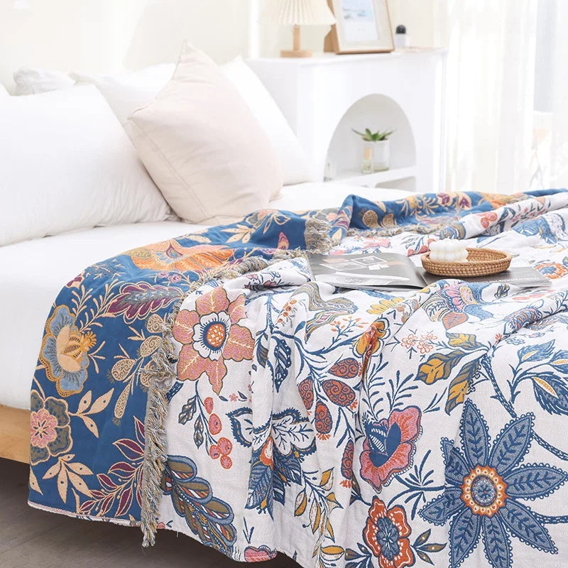 Reversible Floral Cotton Throw Blanket with Tassels