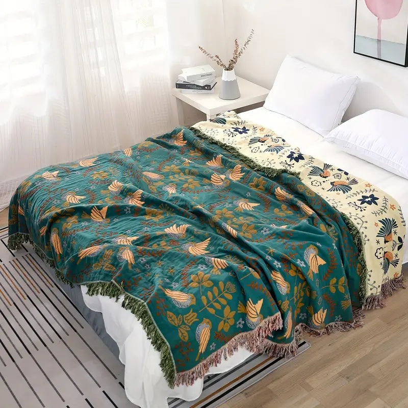 Reversible Cotton Scandinavian Bird Throw Blanket