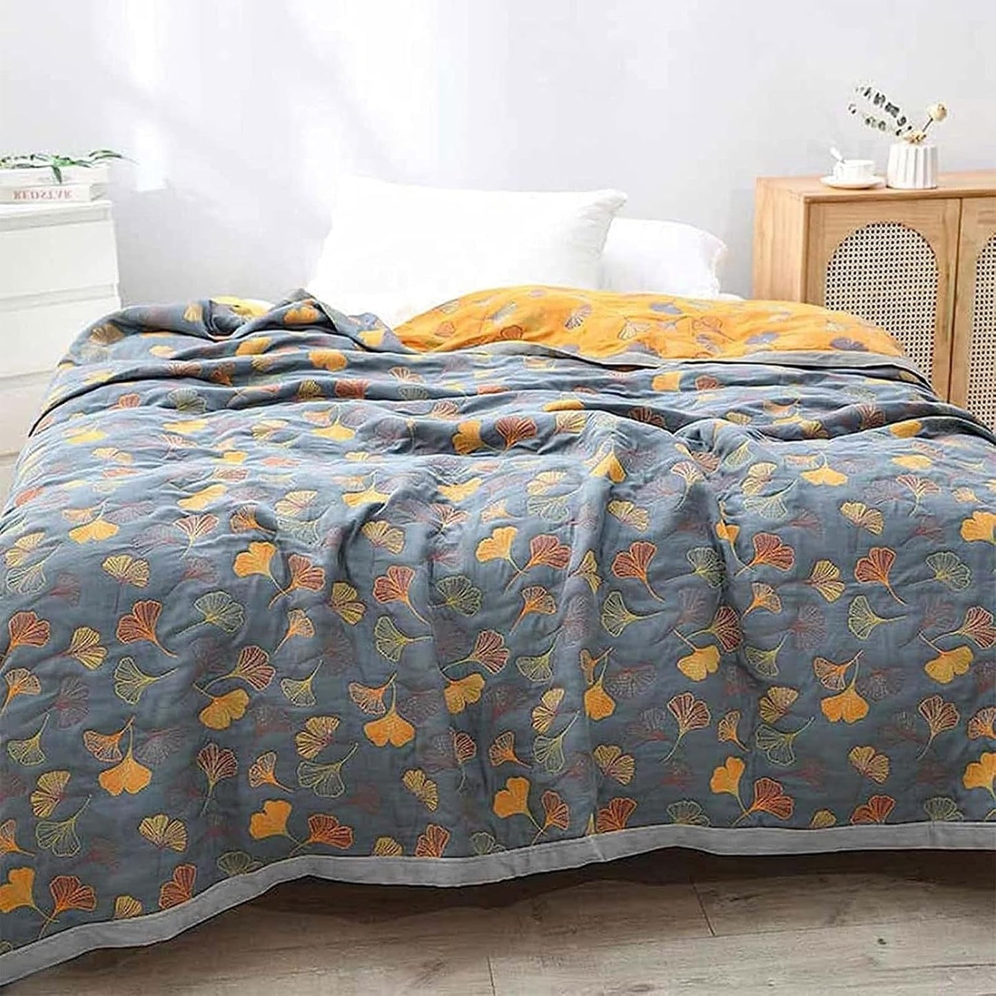 Reversible Ginkgo Leaf Throw Blanket in Yellow and Blue