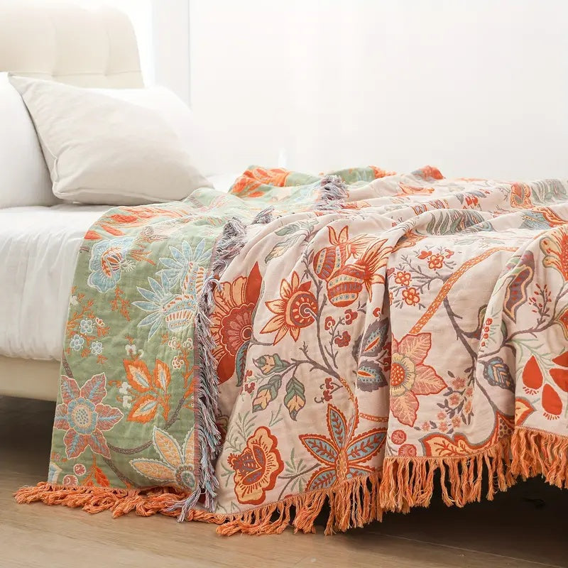 Boho Floral Cotton Throw Blanket with Fringe