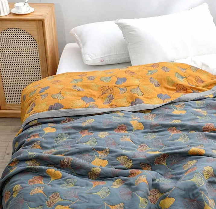 Reversible Ginkgo Leaf Throw Blanket in Yellow and Blue