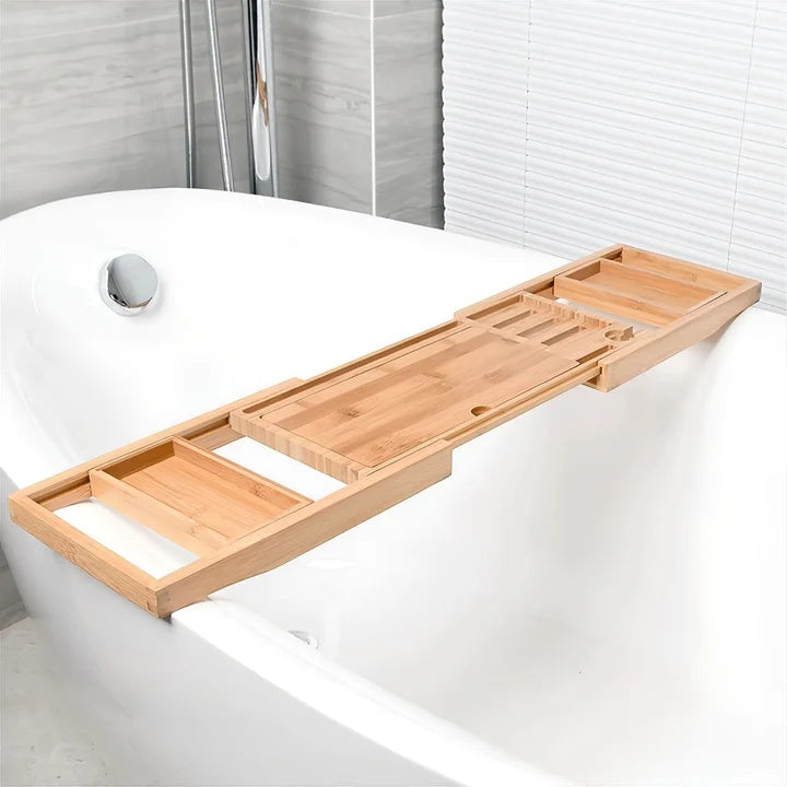 Expandable Bamboo Bath Caddy with Wine Glass Holder and Book Rest