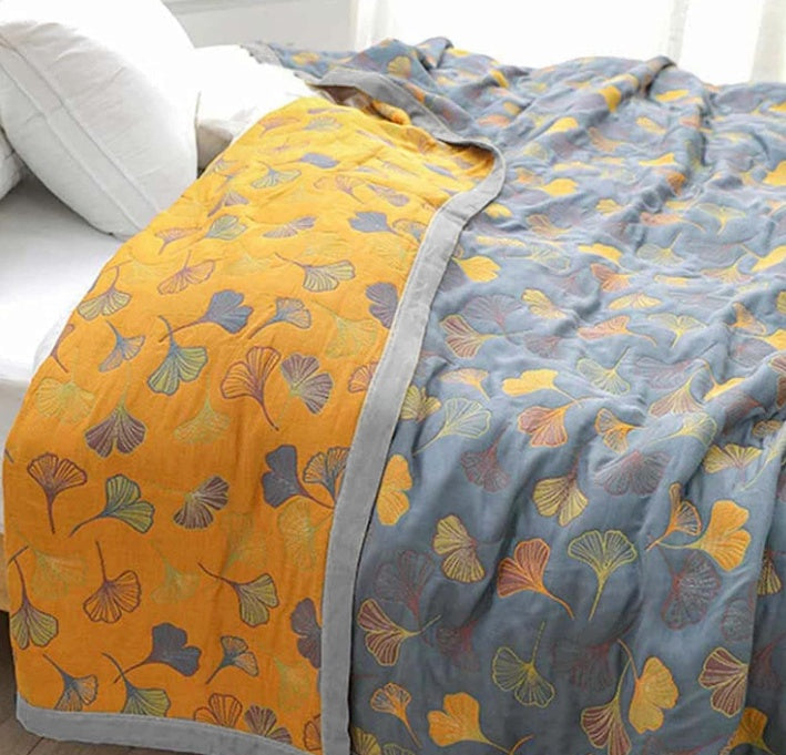 Reversible Ginkgo Leaf Throw Blanket in Yellow and Blue
