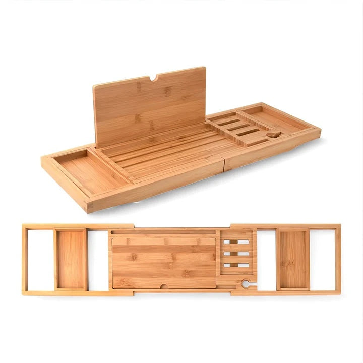 Expandable Bamboo Bath Caddy with Wine Glass Holder and Book Rest