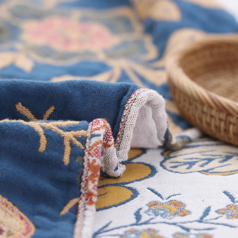 Reversible Floral Cotton Throw Blanket with Tassels