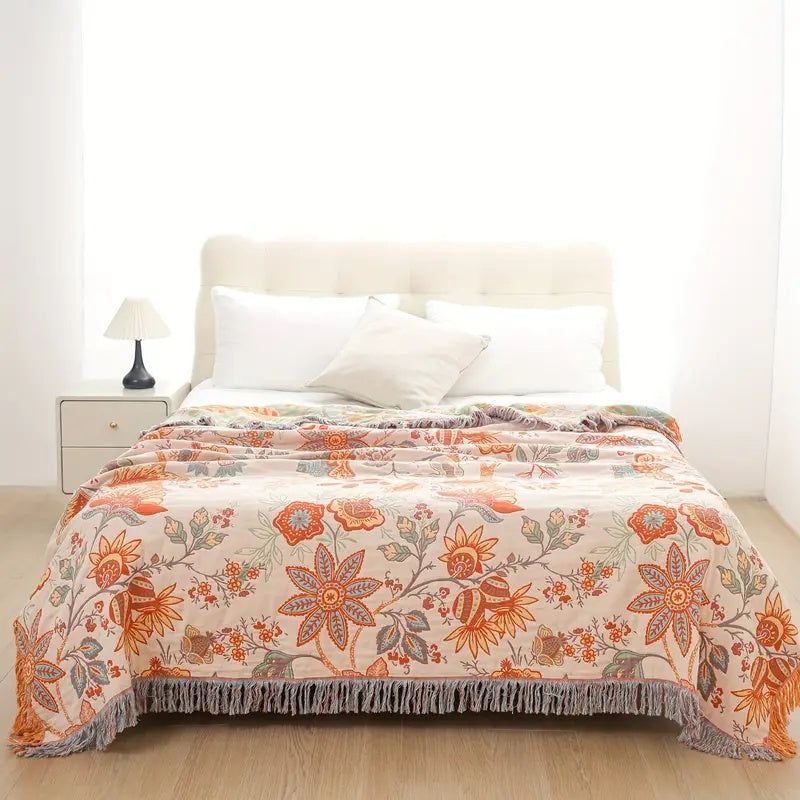 Boho Floral Cotton Throw Blanket with Fringe