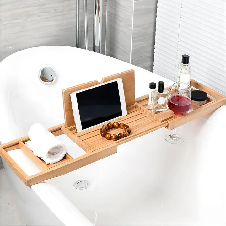 Expandable Bamboo Bath Caddy with Wine Glass Holder and Book Rest