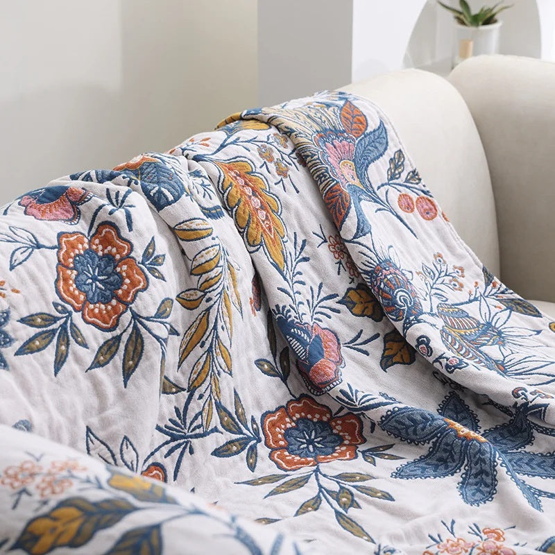 Reversible Floral Cotton Throw Blanket with Tassels