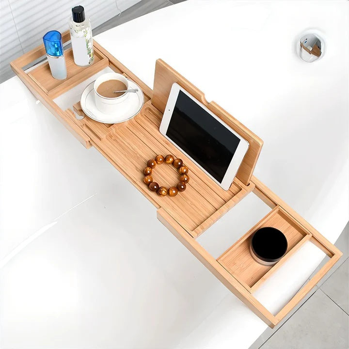 Expandable Bamboo Bath Caddy with Wine Glass Holder and Book Rest