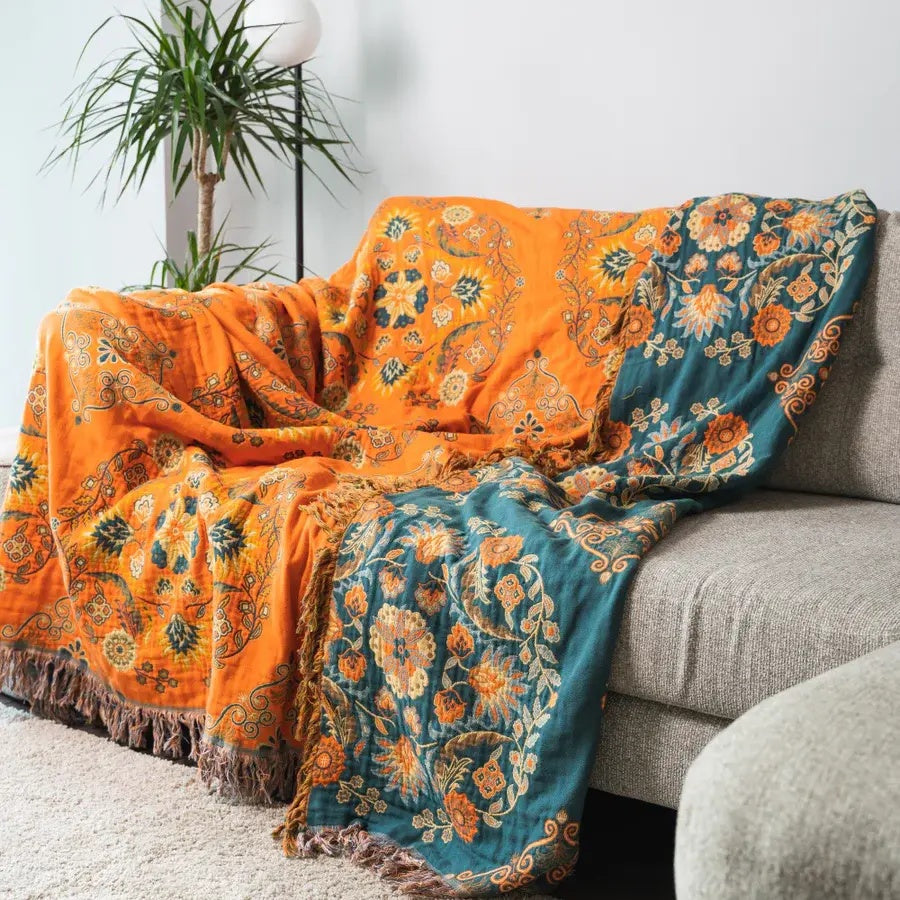 Reversible Cotton Throw Blanket with Floral Pattern