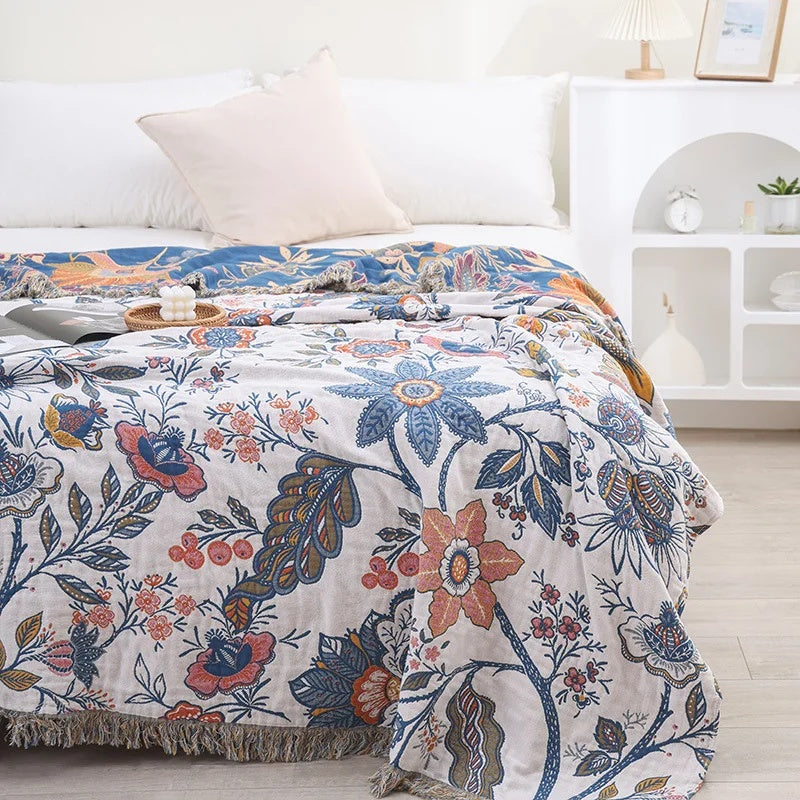 Reversible Floral Cotton Throw Blanket with Tassels