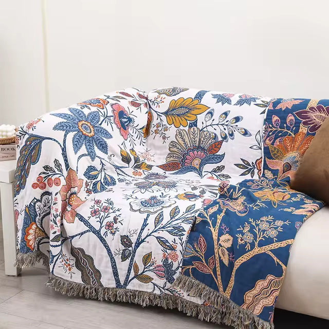Reversible Floral Cotton Throw Blanket with Tassels