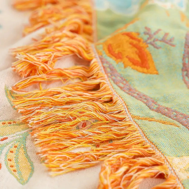 Boho Floral Cotton Throw Blanket with Fringe