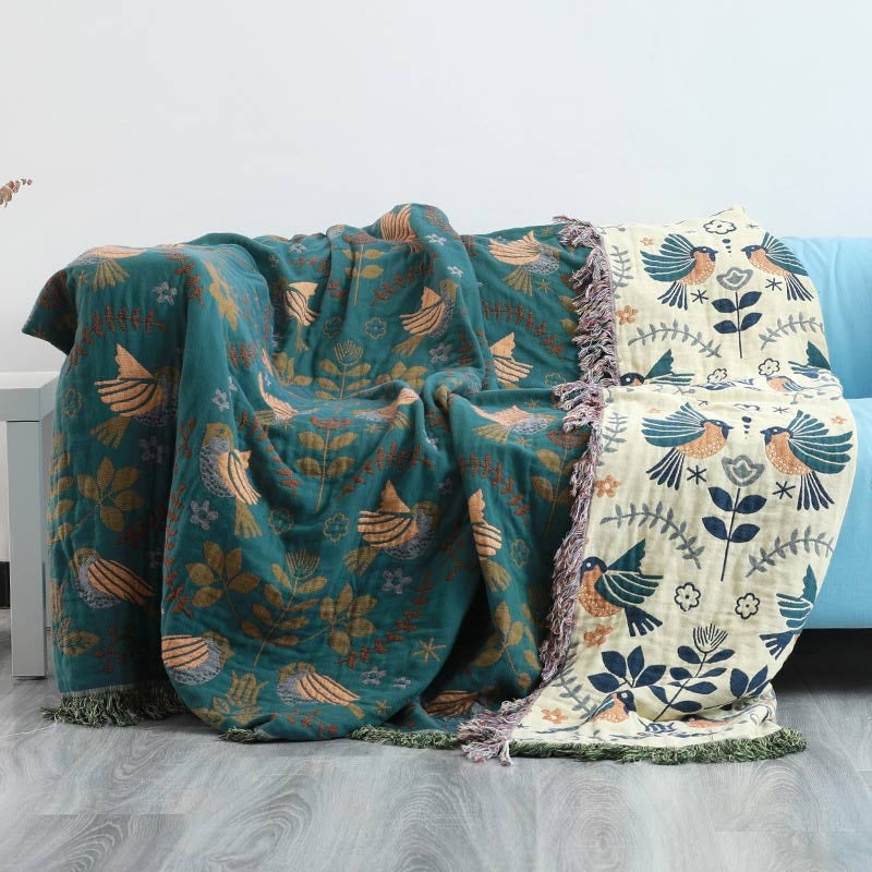 Reversible Cotton Scandinavian Bird Throw Blanket