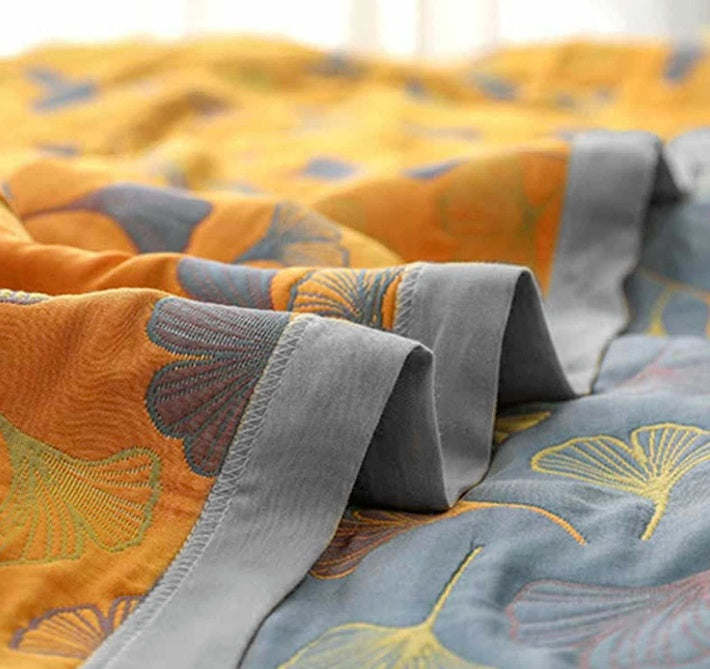 Reversible Ginkgo Leaf Throw Blanket in Yellow and Blue