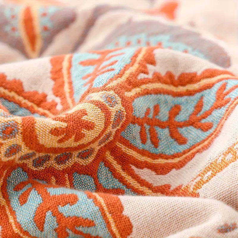 Boho Floral Cotton Throw Blanket with Fringe