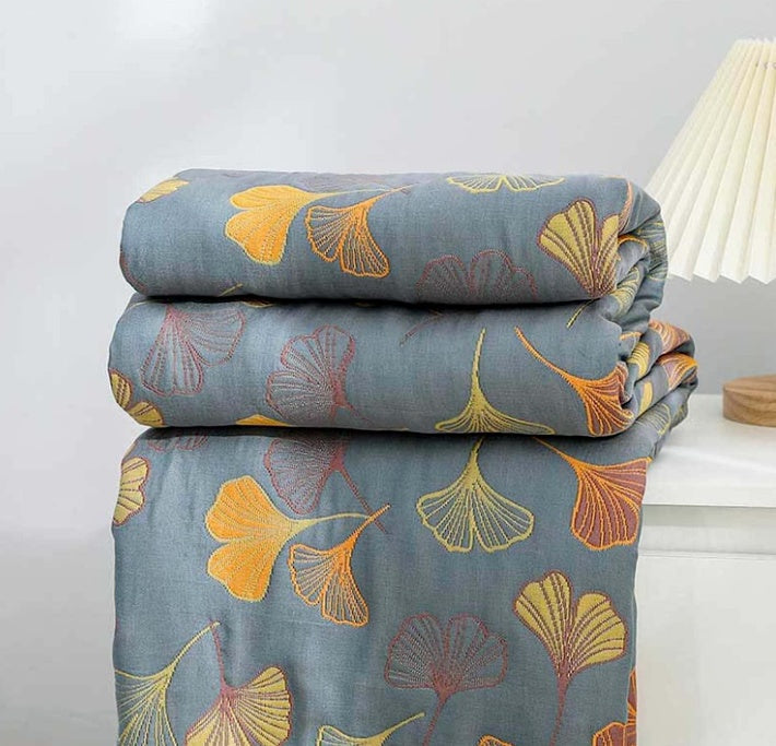 Reversible Ginkgo Leaf Throw Blanket in Yellow and Blue