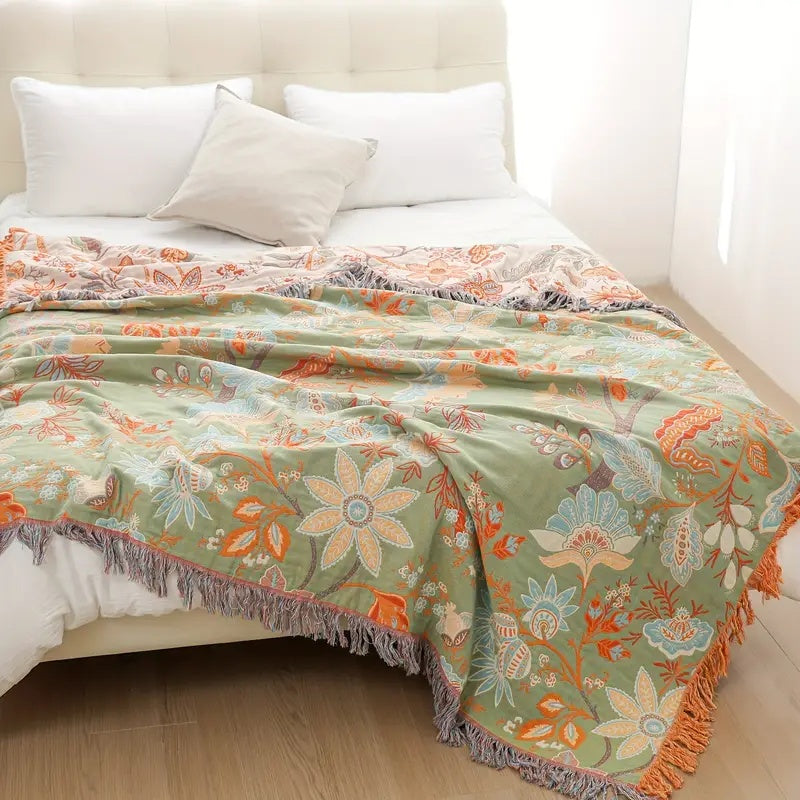 Boho Floral Cotton Throw Blanket with Fringe