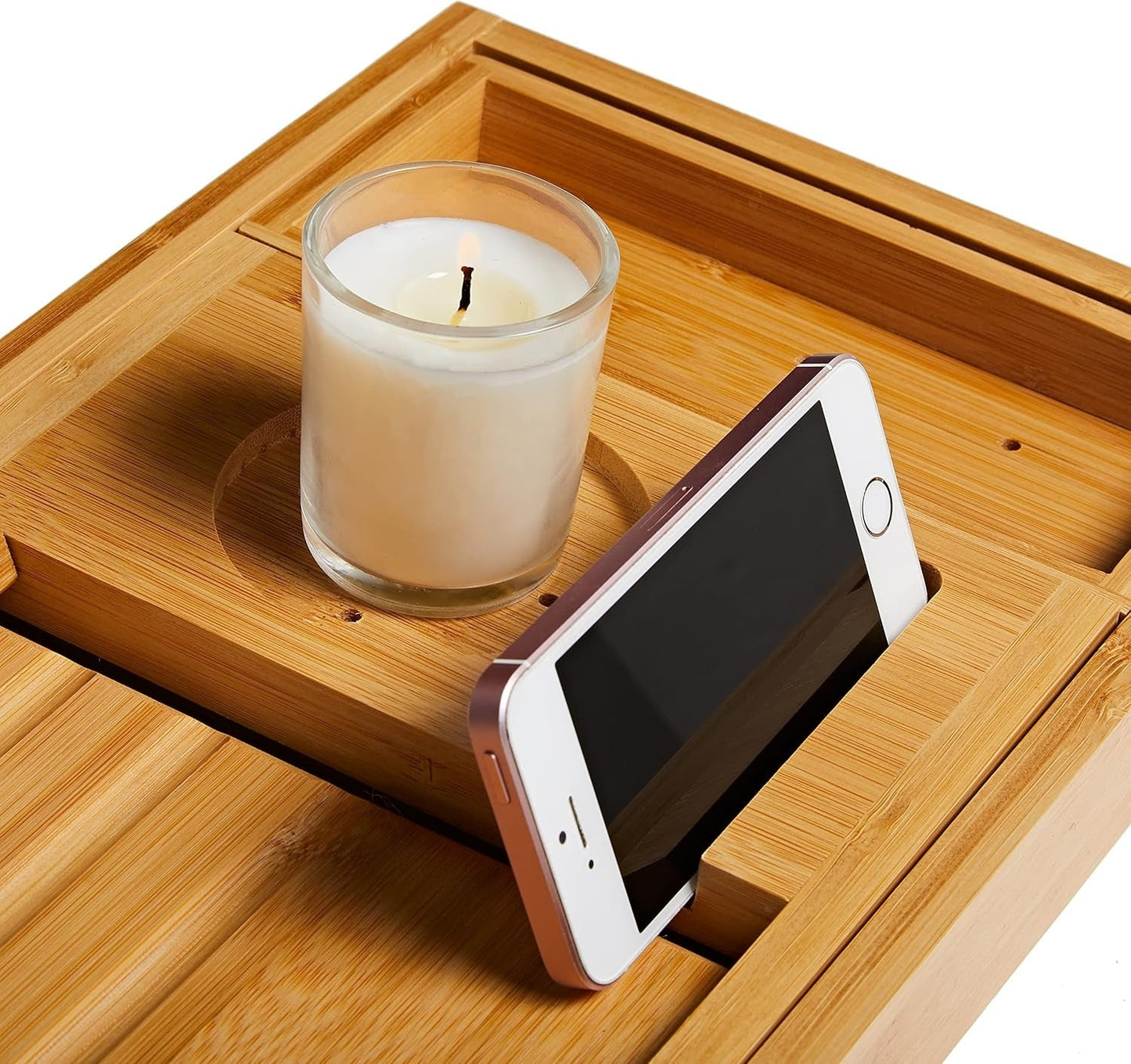 Expandable Bamboo Bath Caddy with Wine Glass Holder and Book Rest