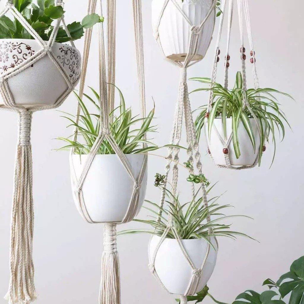 Handmade Boho Macrame Plant Hanger Set - 4 Piece Cotton Rope Decor