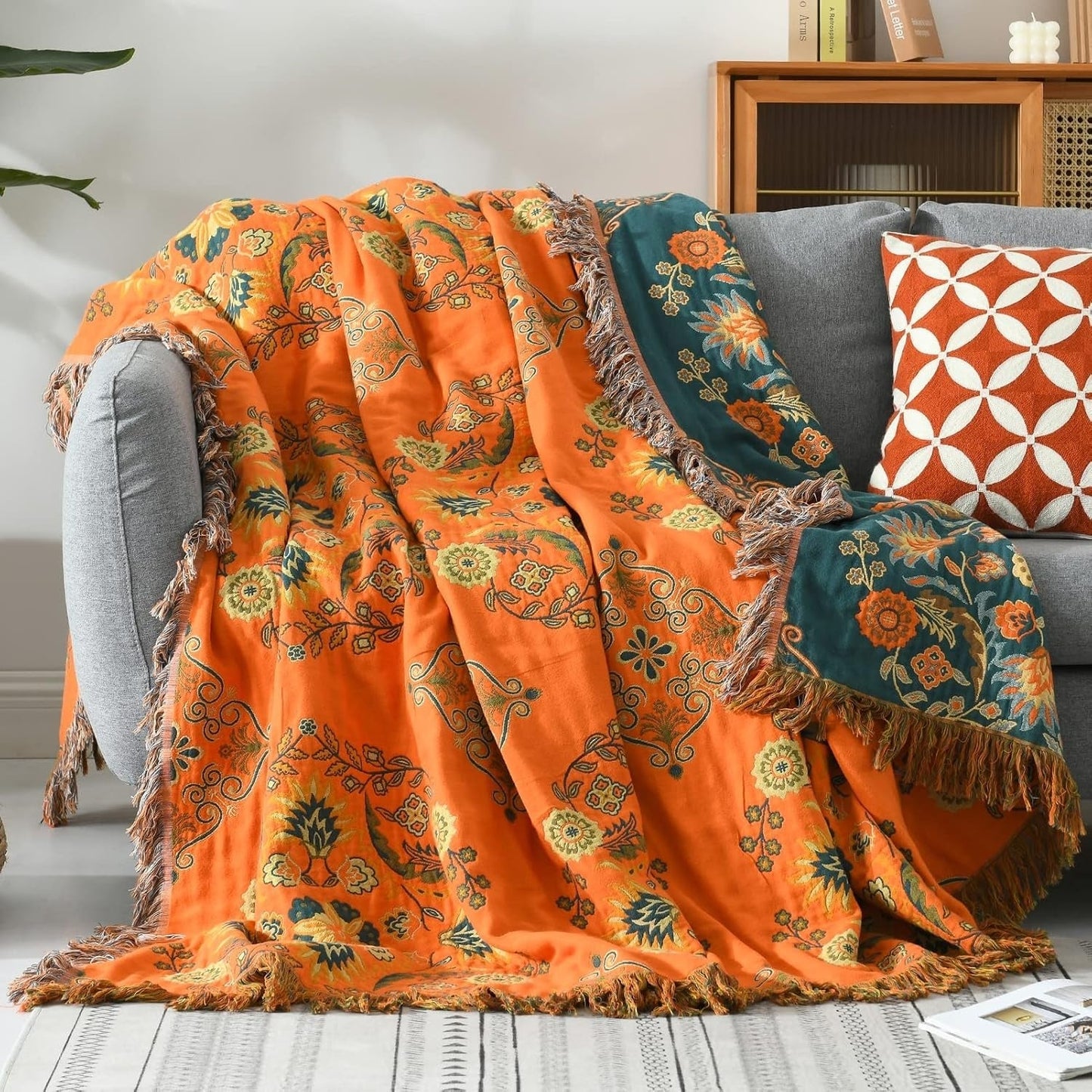 Reversible Cotton Throw Blanket with Floral Pattern