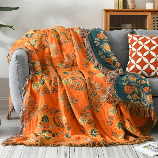 Reversible Cotton Throw Blanket with Floral Pattern