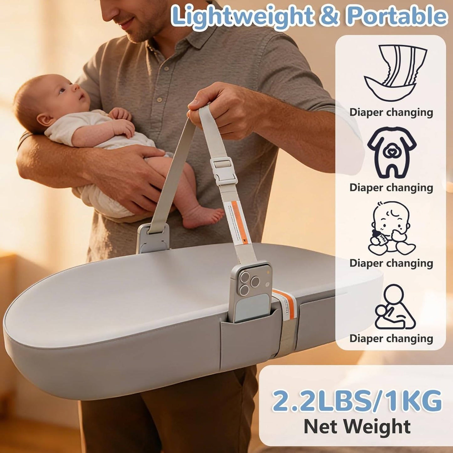 Waterproof Baby Changing Pad with Phone Holder and Safety Belt