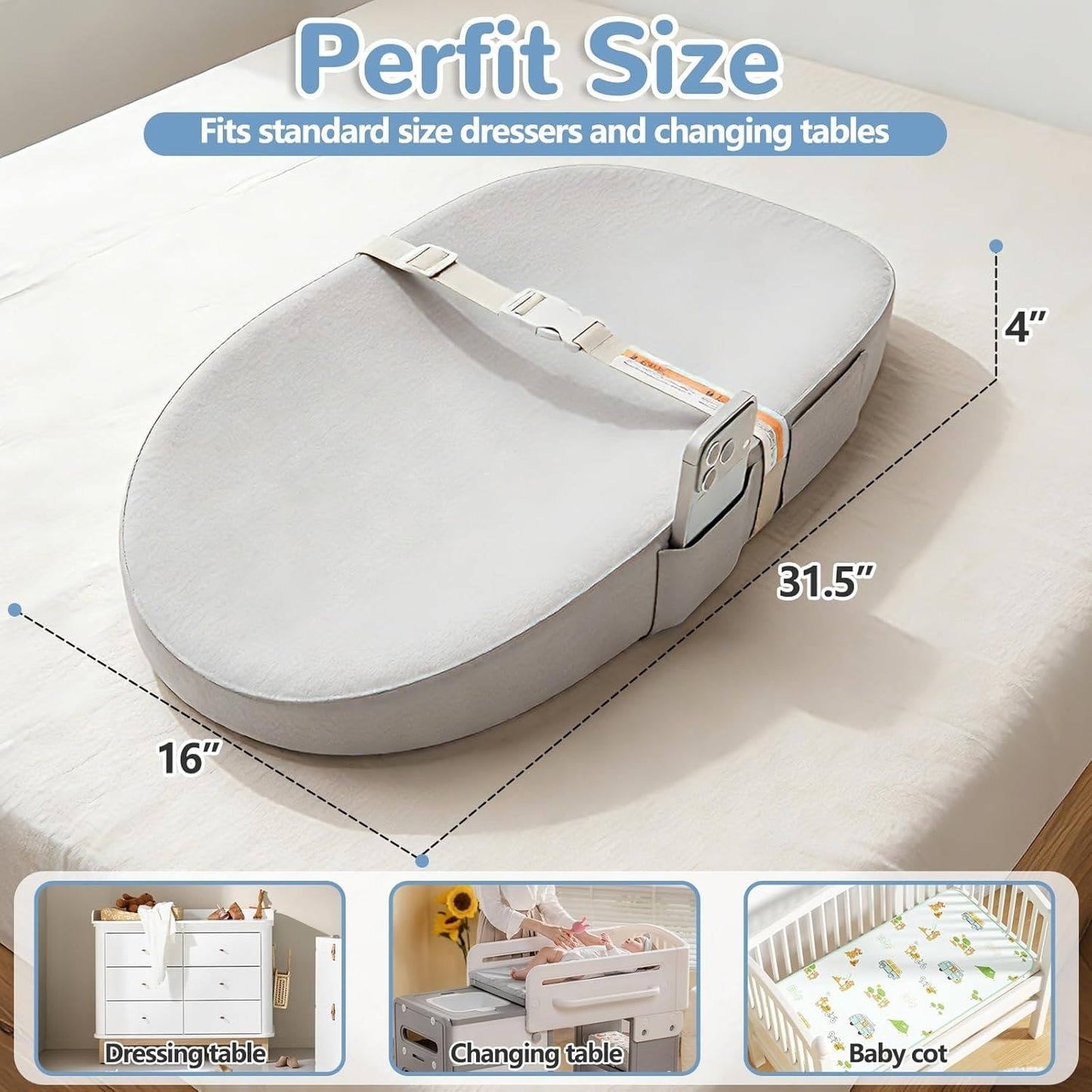 Waterproof Baby Changing Pad with Phone Holder and Safety Belt