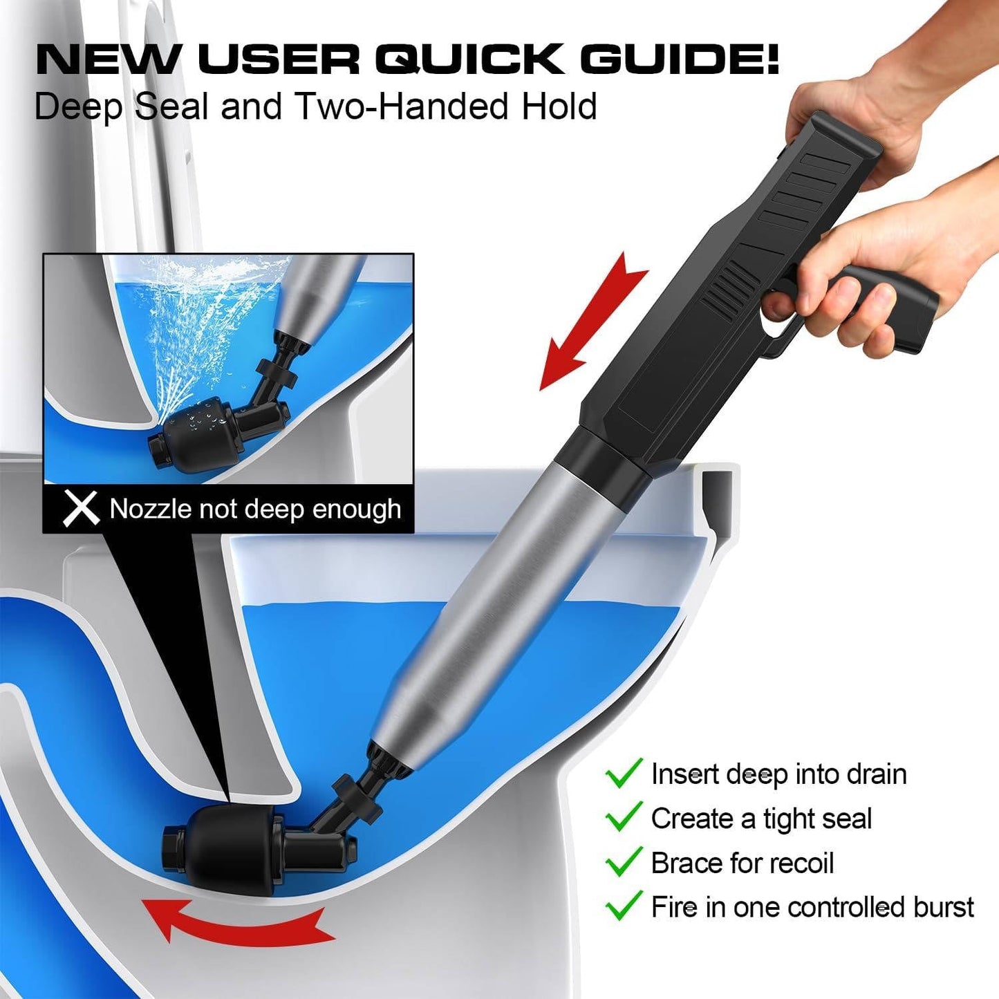 Electric High Pressure Toilet Plunger with Adjustable Pressure and Multiple Heads