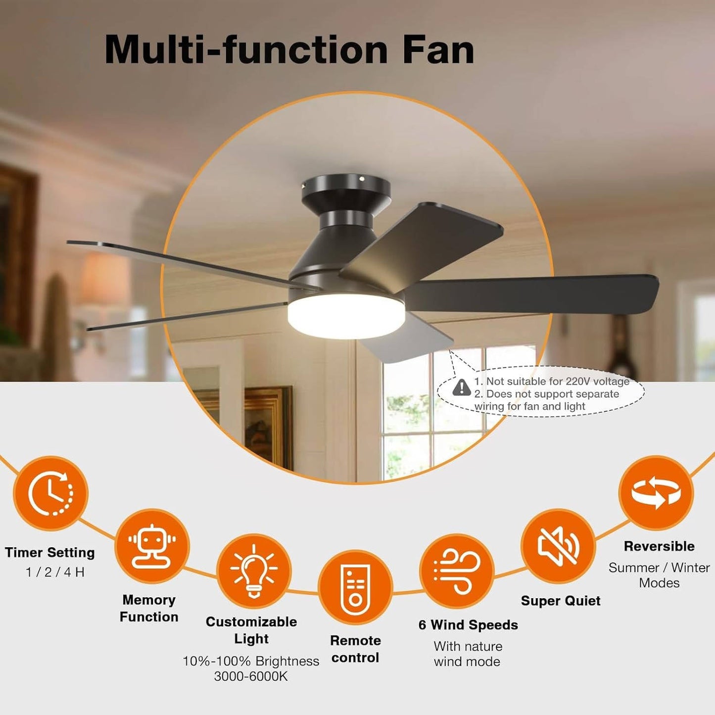 Low Profile 42 Inch Ceiling Fan with Dimmable Light and Remote Control