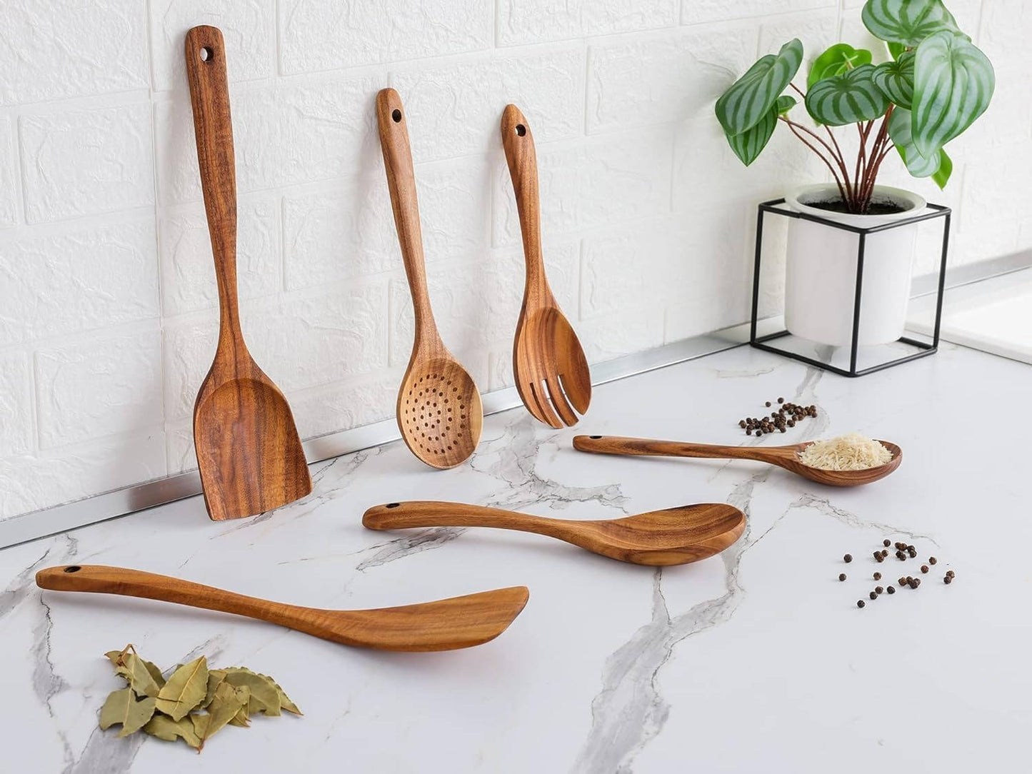 Teak Wood Cooking Utensils Set - 6 Piece Nonstick Safe Kitchen Tools