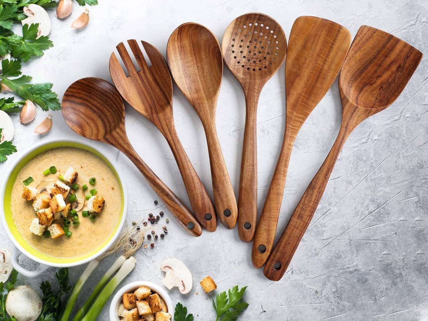 Teak Wood Cooking Utensils Set - 6 Piece Nonstick Safe Kitchen Tools