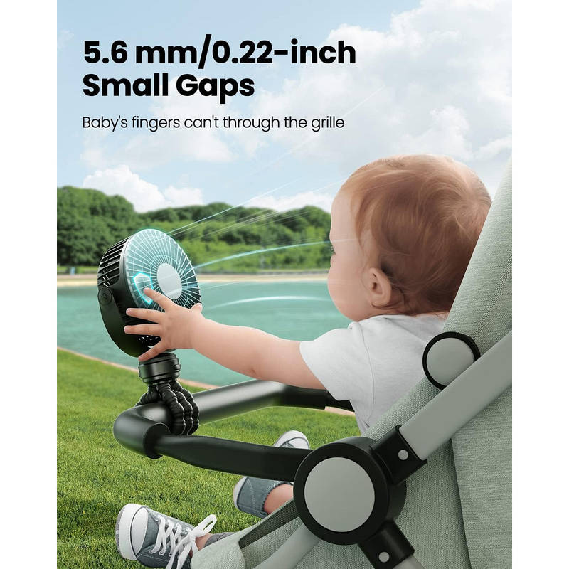 Rechargeable Portable Stroller Fan with LED Display, 5 Speed Clip-On Design for Baby Comfort