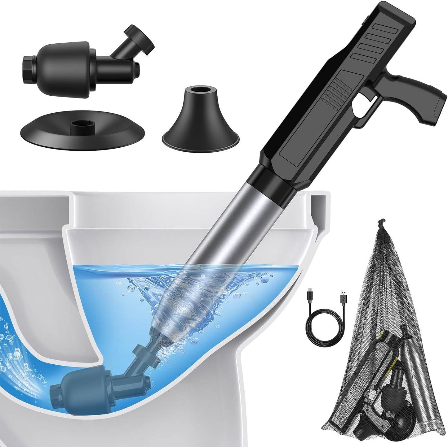 Electric High Pressure Toilet Plunger with Adjustable Pressure and Multiple Heads