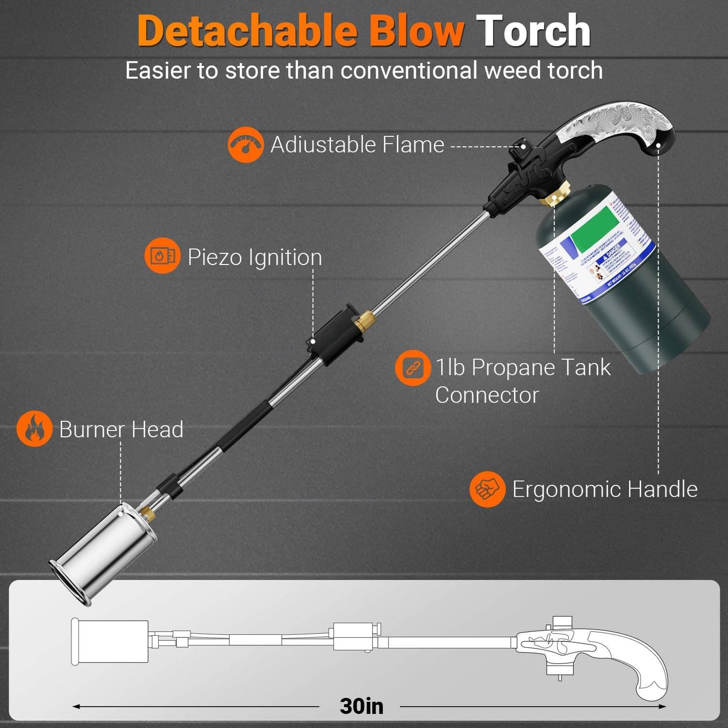 30 Inch Heavy Duty Weed Torch Burner with Detachable Arm and Adjustable Flame