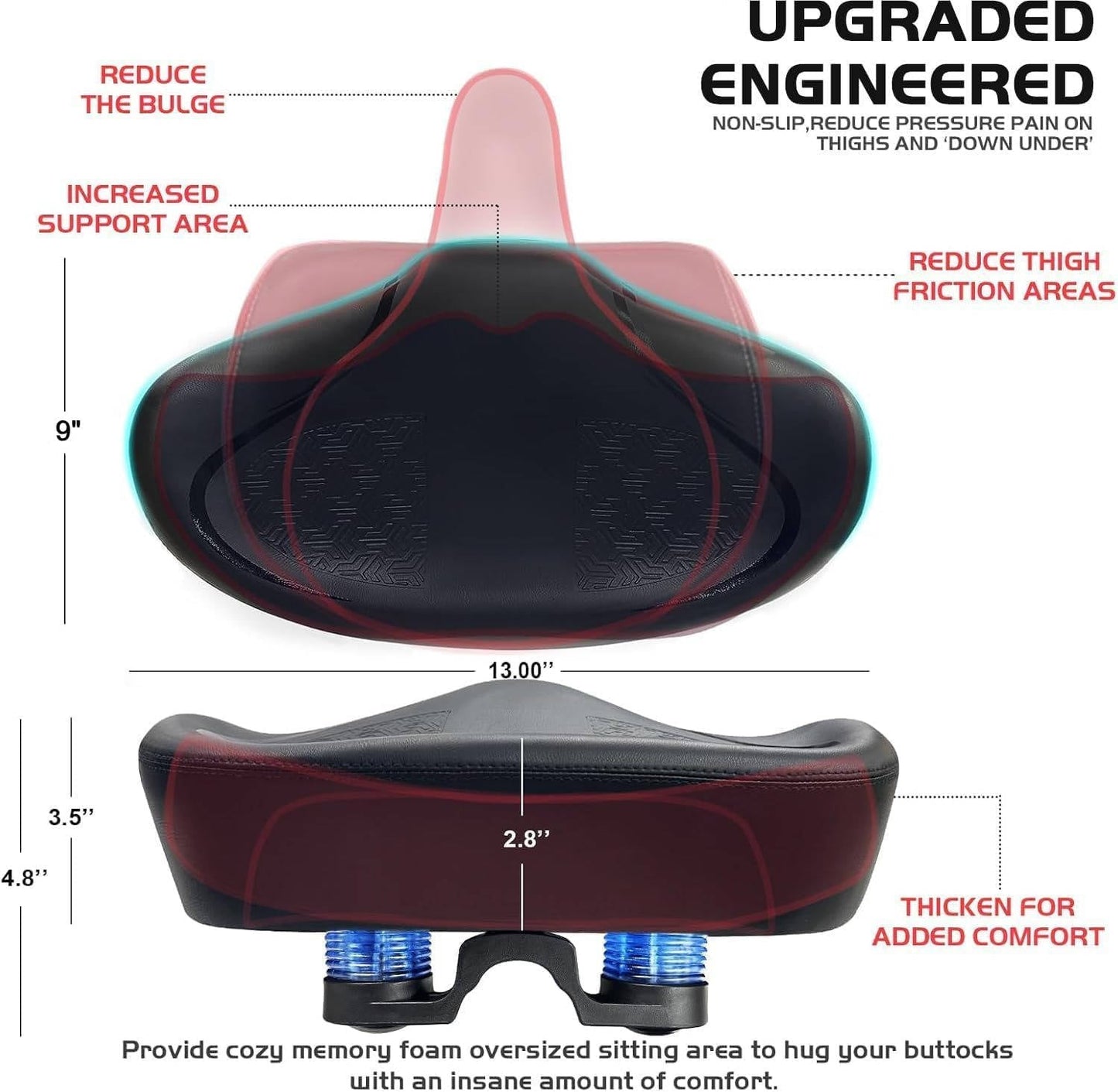 Noseless Wide Bike Seat Cushion with Memory Foam and Gel, Extra Padded Saddle for Peloton and Cruiser Bikes