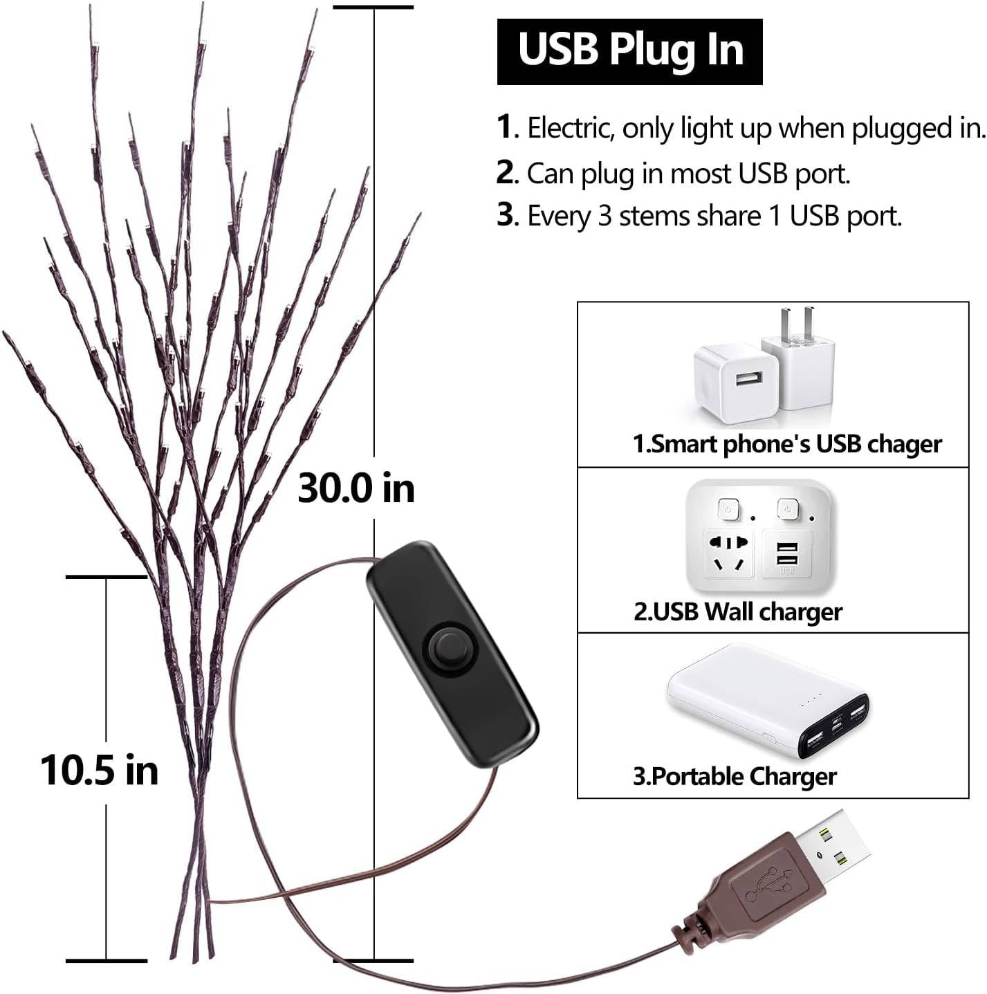 USB Powered Prelit Twig Lights with 60 Warm White LEDs