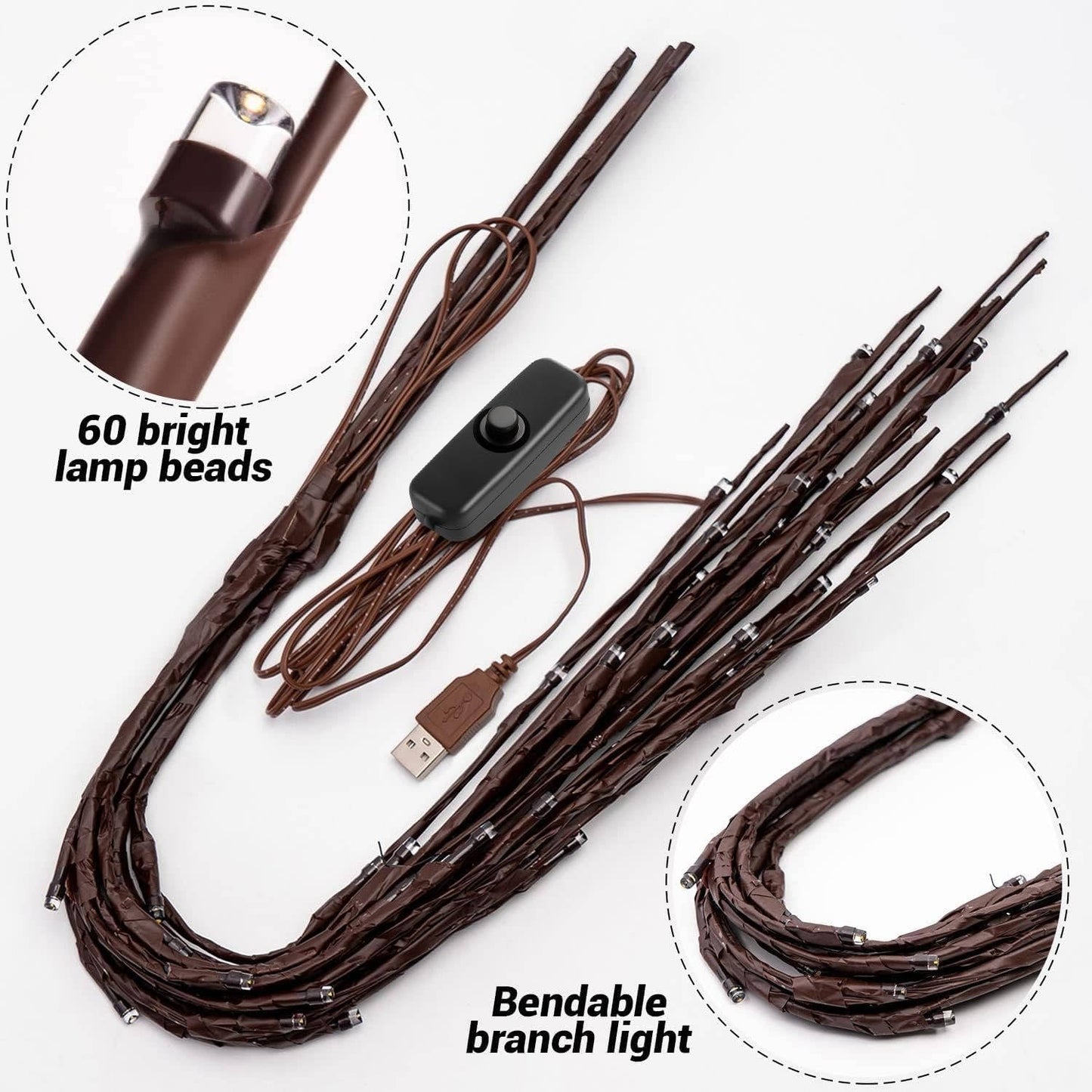 USB Powered Prelit Twig Lights with 60 Warm White LEDs