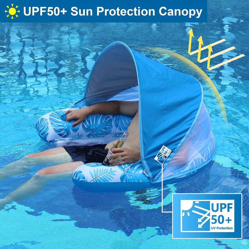 Inflatable Adult Pool Float Chair with Adjustable Canopy and Cup Holders
