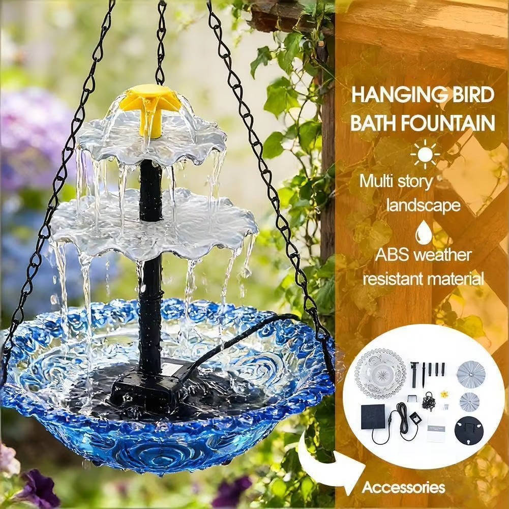 Solar Hanging Bird Bath Fountain with Two-Tier Waterfall