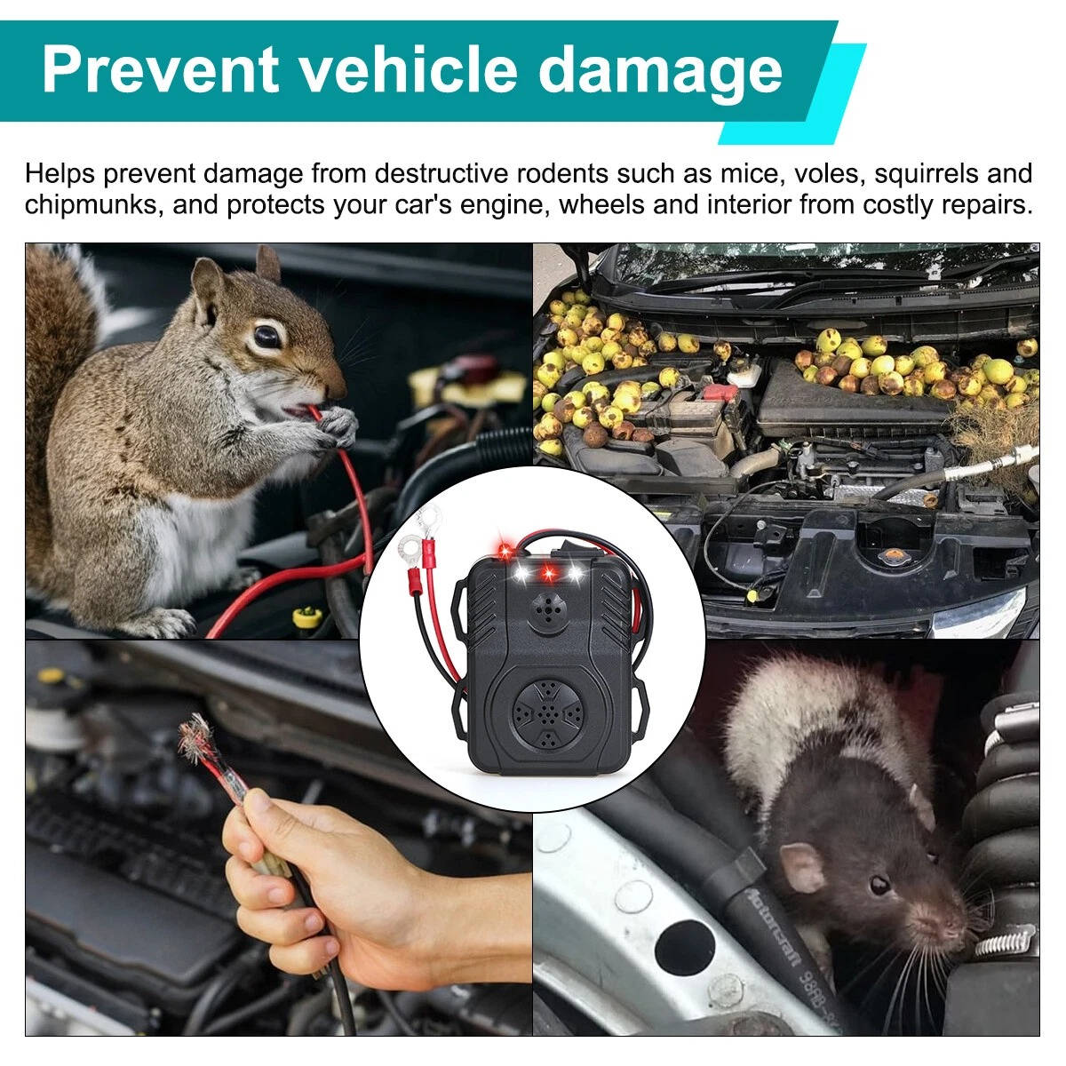 Ultrasonic Car Engine Rodent Repeller with Vibration Sensor and LED Lights
