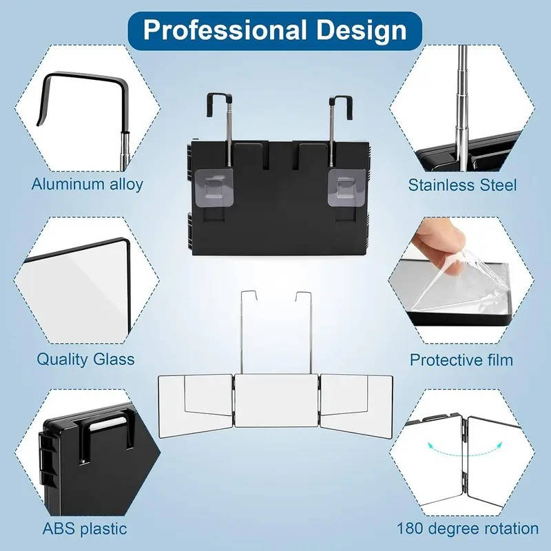 360 Degree Tri-Fold Portable Makeup Mirror with Adjustable Telescopic Hook