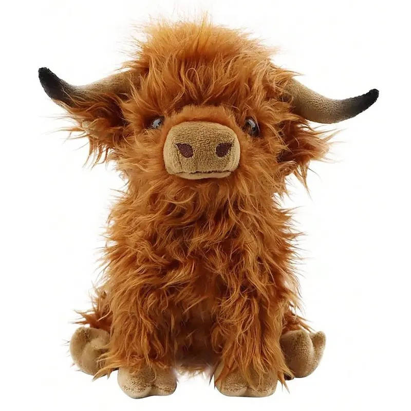 Handmade Plush Cow Stuffed Animal Toy with Fluffy Fur and Expressive Eyes