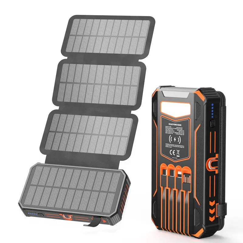 48000mAh Solar Power Bank with Wireless Charging and 4 Built-in Cables