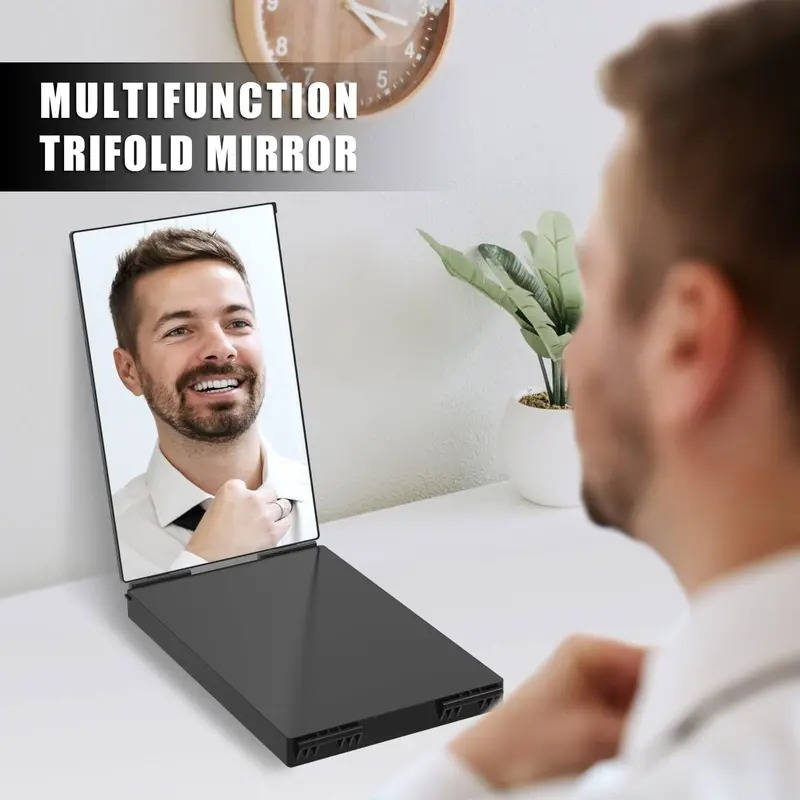360 Degree Tri-Fold Portable Makeup Mirror with Adjustable Telescopic Hook