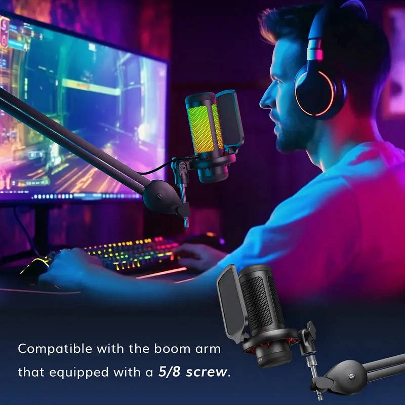 USB RGB Gaming Microphone with One-Tap Mute and Shock Mount for PC PS4 PS5