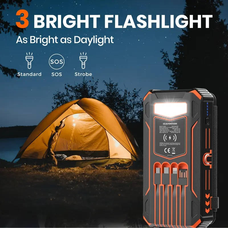 48000mAh Solar Power Bank with Wireless Charging and 4 Built-in Cables