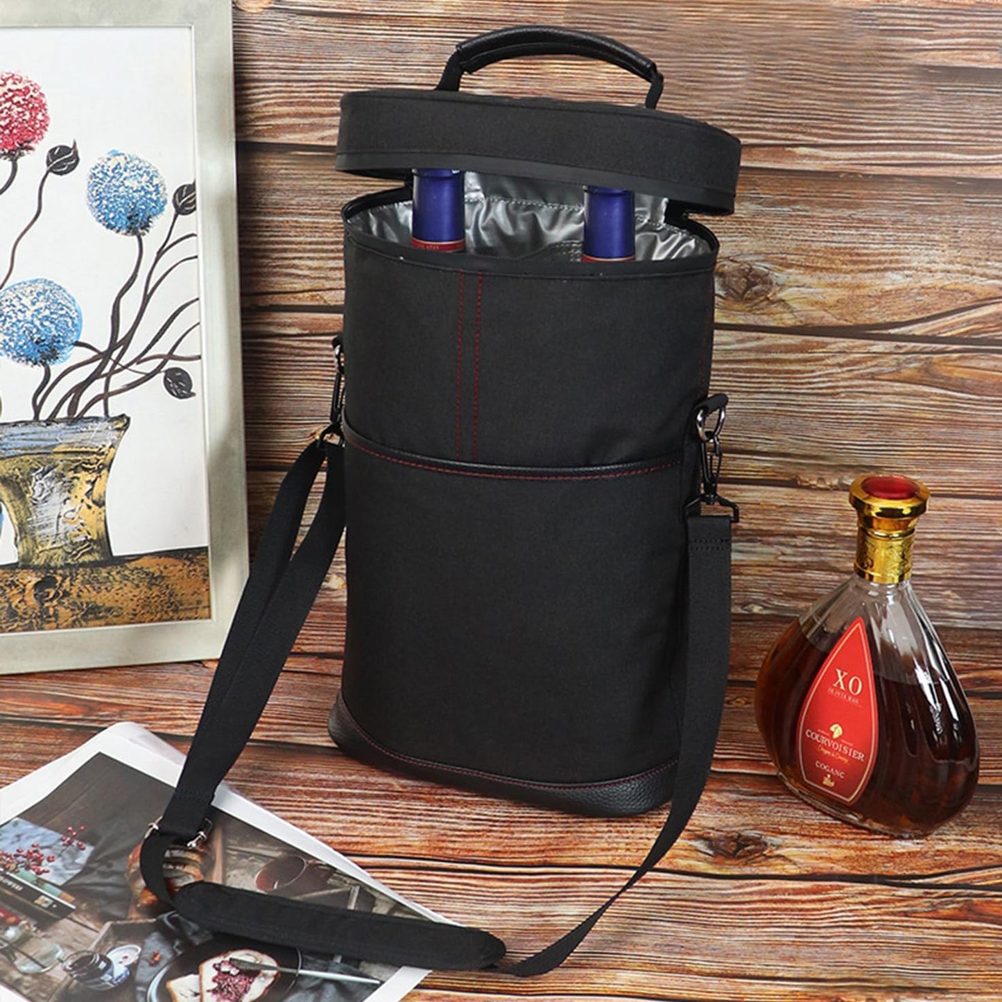 Insulated Canvas Wine Cooler Tote for 2 Bottles with Adjustable Strap