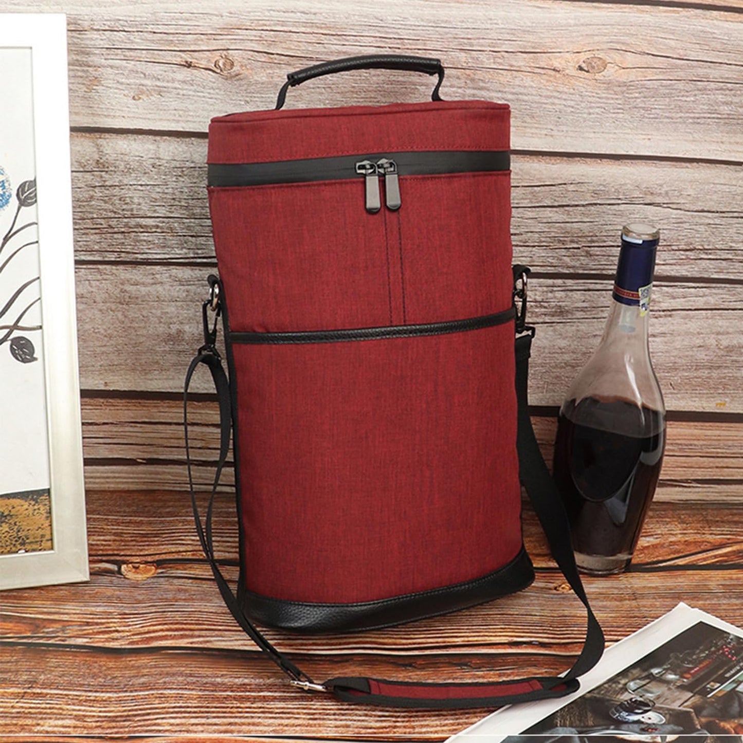 Insulated Canvas Wine Cooler Tote for 2 Bottles with Adjustable Strap
