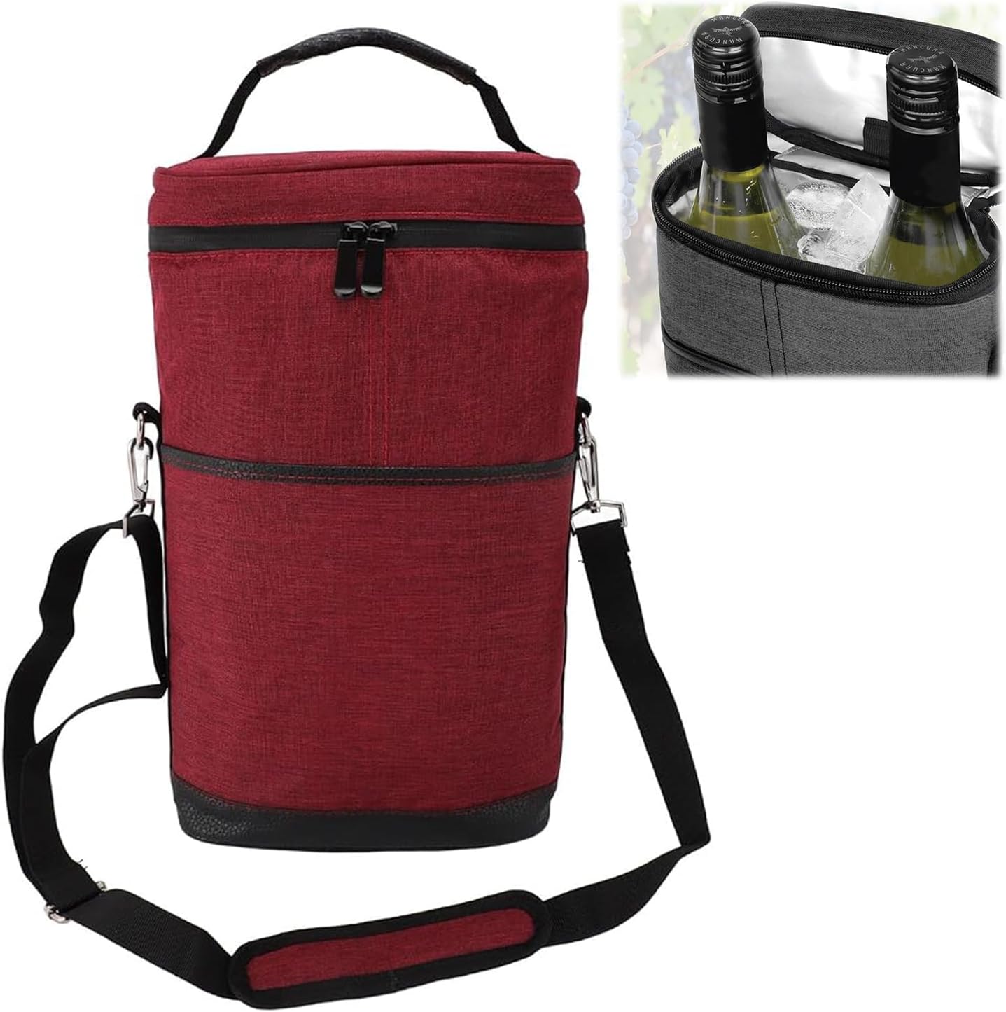 Insulated Canvas Wine Cooler Tote for 2 Bottles with Adjustable Strap